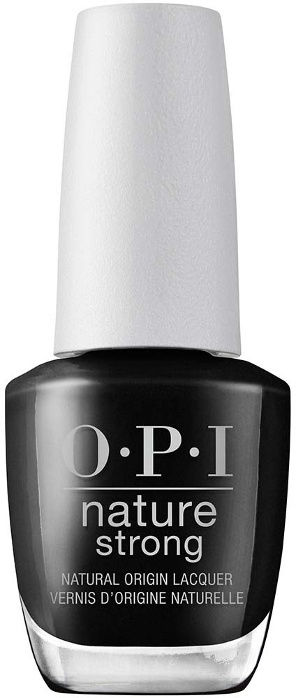 A bottle of black nail polish with a white cap, labeled 'O.P.I nature strong' for natural origin lacquer.