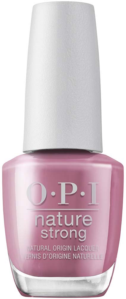 Pink nail polish bottle with white cap, labeled 'O.P.I. nature strong' for natural nail strength.