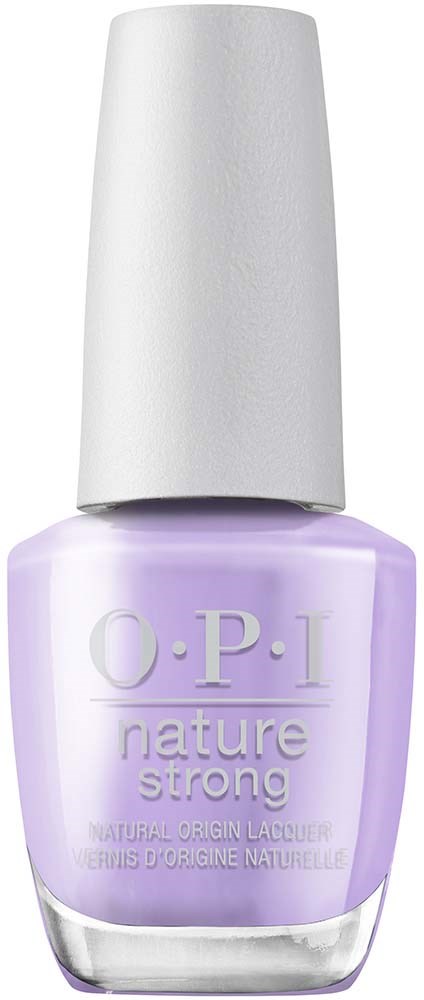 A lavender-colored nail polish bottle with a white cap, labeled 'O.P.I nature strong'.