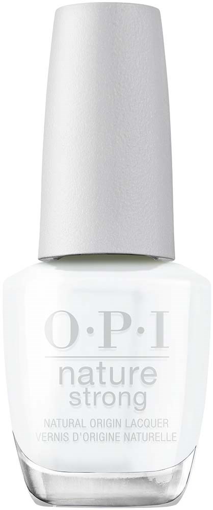 A white nail polish bottle with the brand O.P.I and the label 'nature strong' on it.