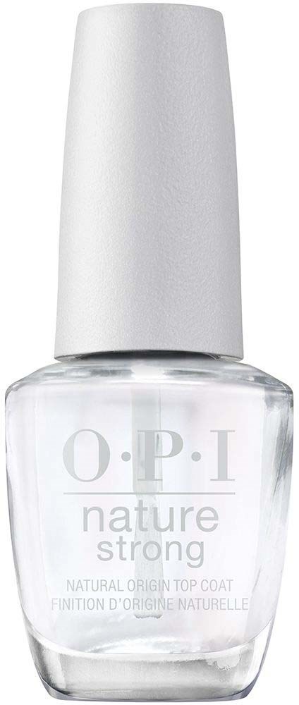 Clear nail polish bottle with a white cap, labeled 'O.P.I. Nature Strong' for natural, strong nails.