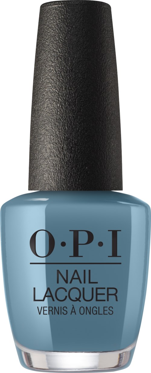 Blue nail polish bottle with black cap, labeled "O.P.I Nail Lacquer."