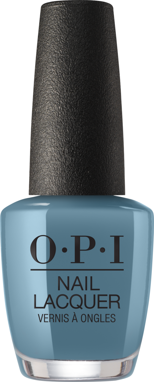 Blue nail polish bottle with black cap, labeled O.P.I Nail Lacquer.
