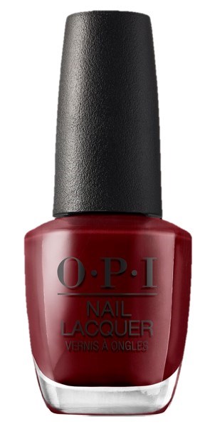 Red nail polish bottle with black cap and O.P.I logo on the front.