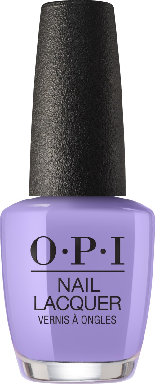 En lila nagellackflaska med svart topp, märkt 'O.P.I Nail Lacquer'.