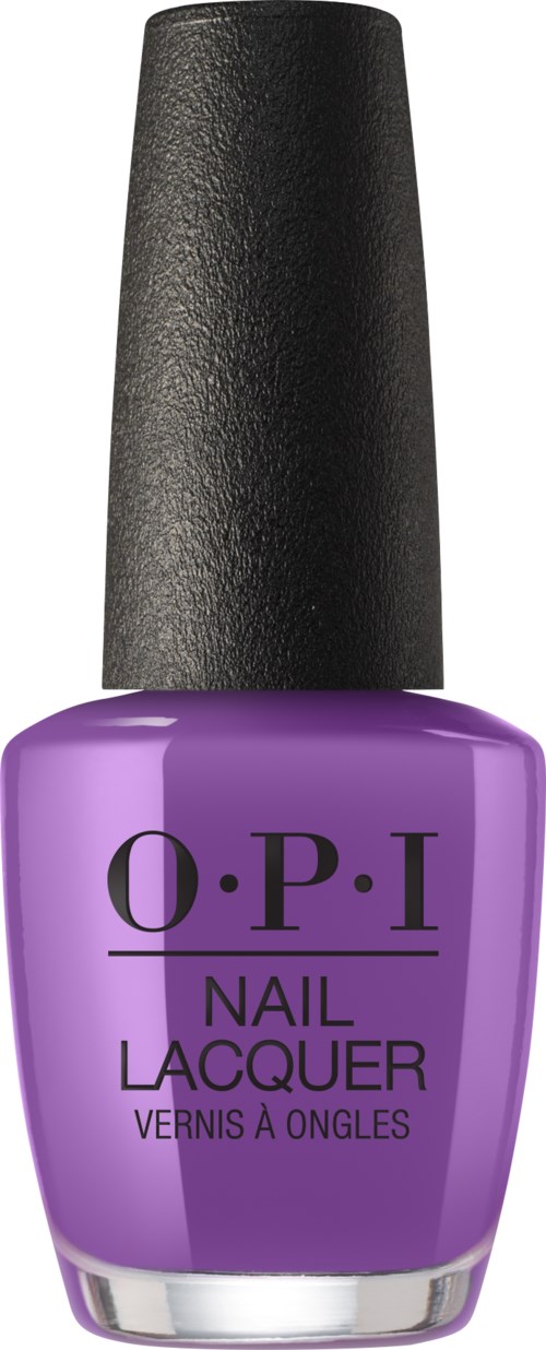 Purple nail polish bottle with black cap and O.P.I label.
