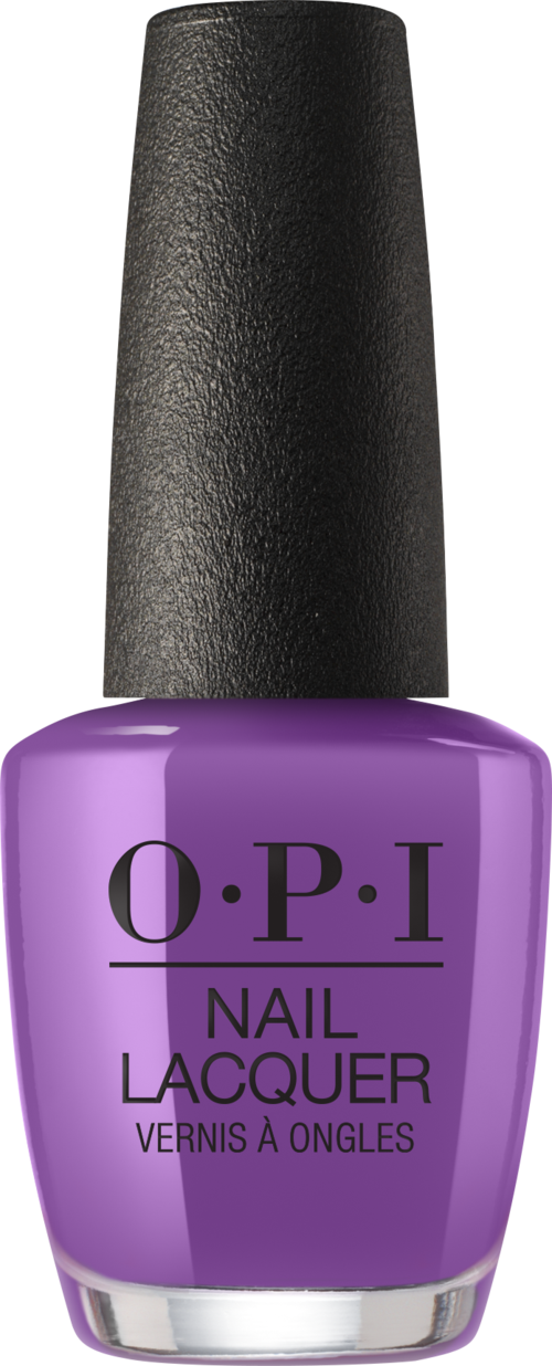 Purple nail polish bottle with black cap and O.P.I logo on it.