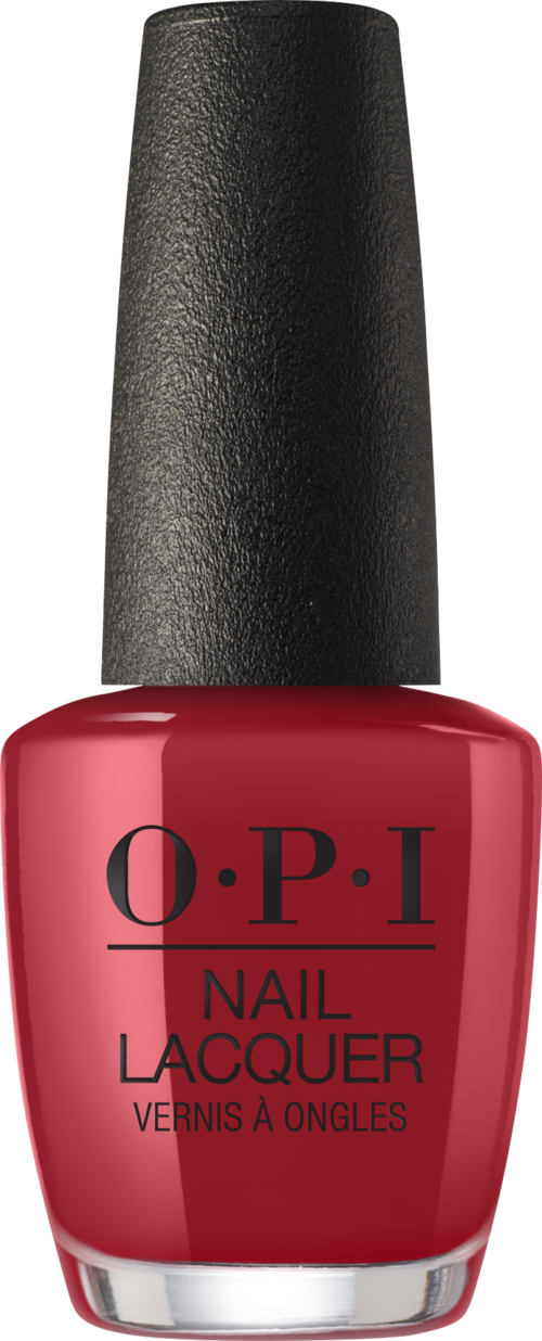 Röd nagellacksflaska med svart lock, märkt O.P.I Nail Lacquer.