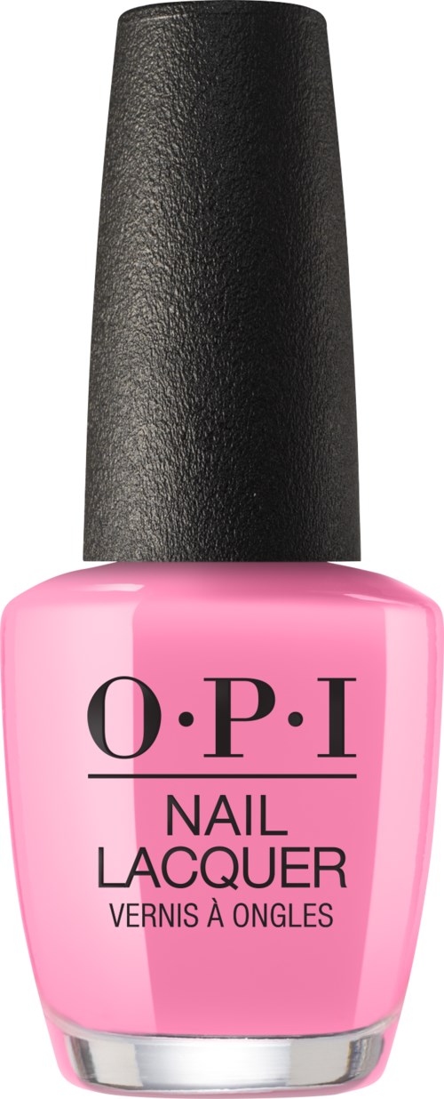 A pink nail polish bottle with a black cap, labeled 'O.P.I Nail Lacquer.'