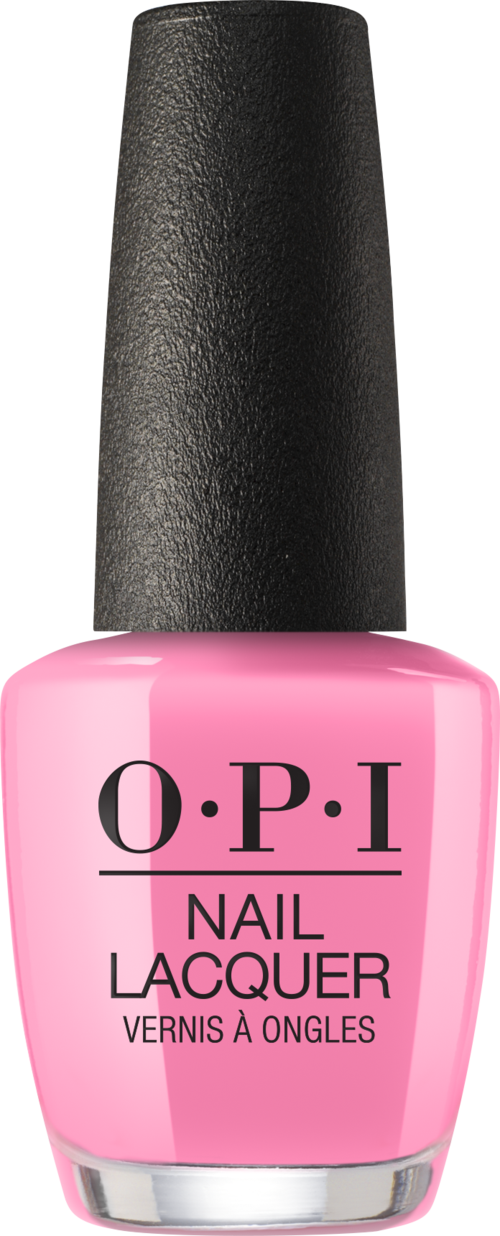 Pink bottle of O.P.I nail lacquer with a black cap.