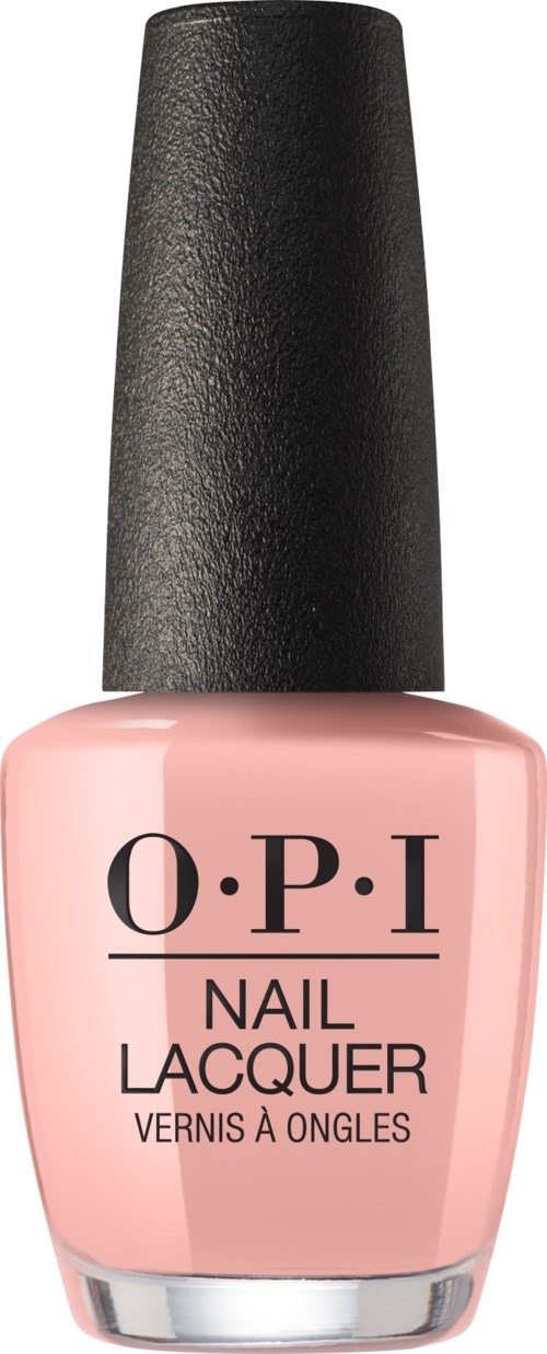 Pink nail polish bottle with black cap, labeled O.P.I Nail Lacquer.