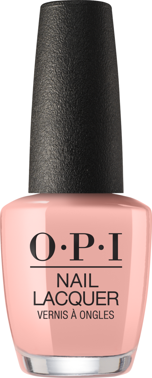 Pink nail polish bottle with black cap and OPI branding.