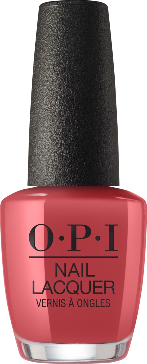 Rosa nagellackflaska med svart lock, märkt O.P.I Nail Lacquer.