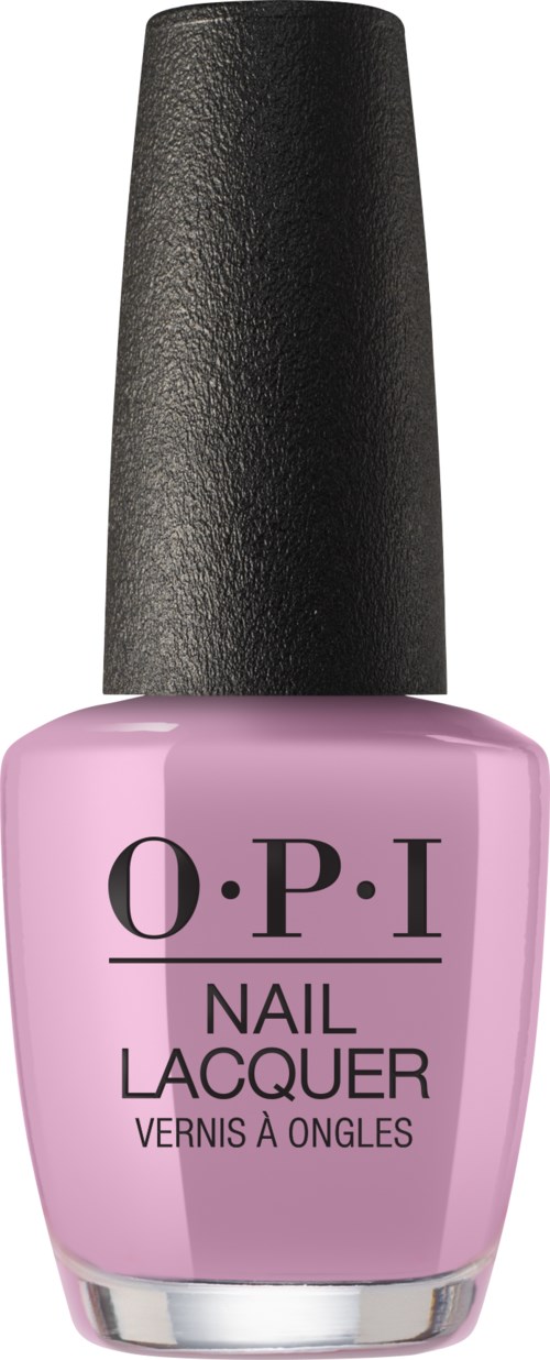 Pink nail polish bottle with black cap and 'O.P.I' label on it.