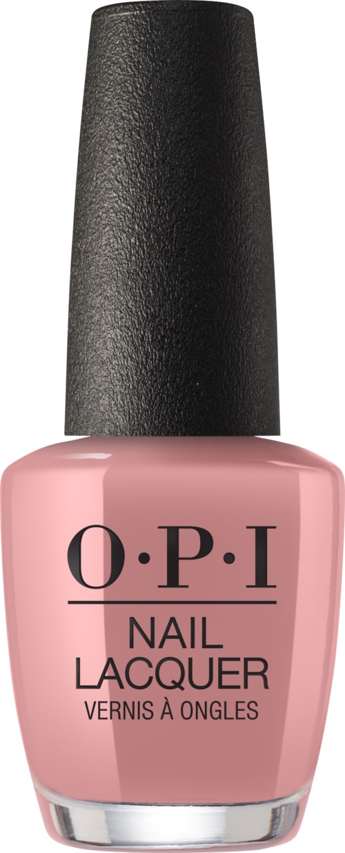 A pink nail polish bottle with a black cap from the brand O.P.I.