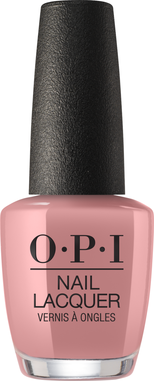A pink nail polish bottle with black cap from O.P.I. brand.