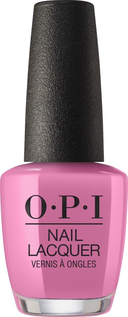 En rosa nagellackflaska med svart lock och 'O.P.I' logo på.