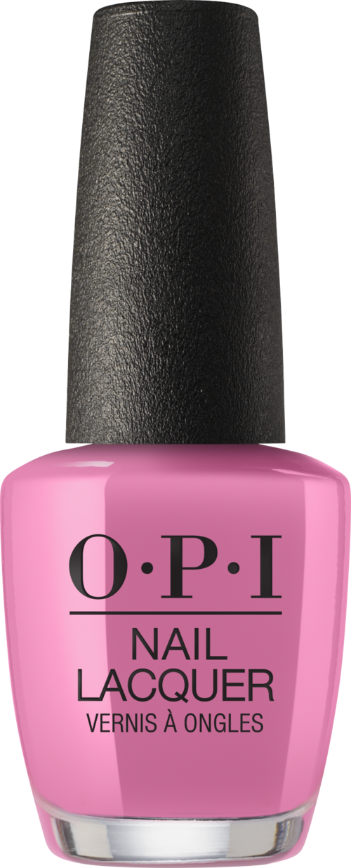 Rosa nagellacksflaska med svart lock, märkt O.P.I, nagellack.