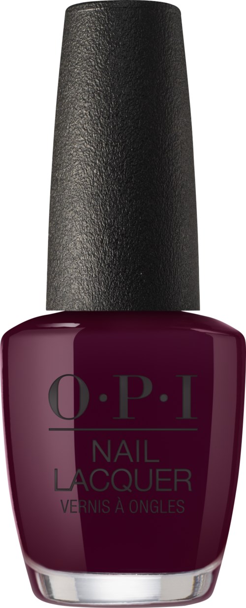 En mörklila nagellacksflaska med svart lock, märkt 'O.P.I Nail Lacquer' i lila bokstäver.