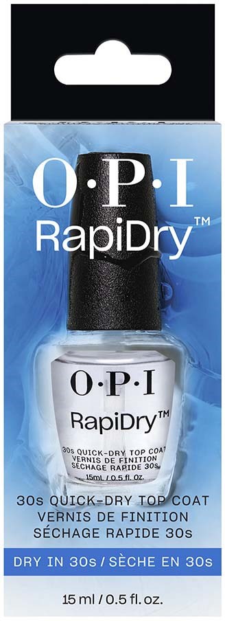 Eine klare Nagellackflasche mit der Bezeichnung O.P.I RapiDry, zum schnellen Trocknen der Nägel in etwa 30 Sekunden.