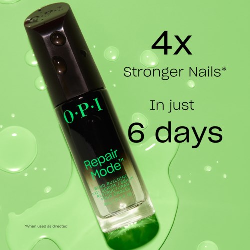 O.P.I. nail polish bottle against a green background with text about stronger nails in six days.