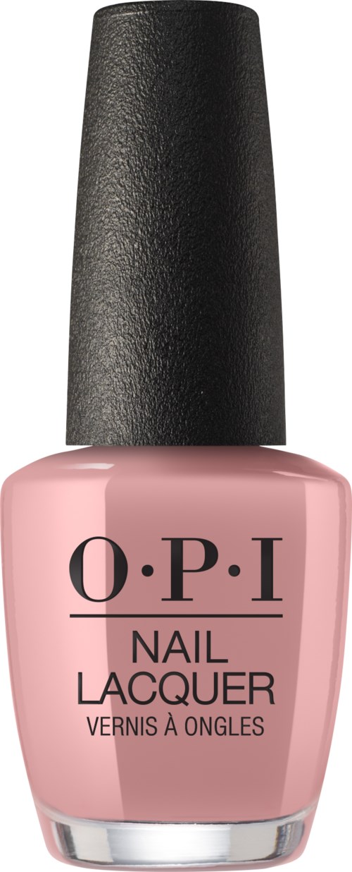 Läppfärgad nagellackflaska med svart topp, märkt "O.P.I Nail Lacquer."