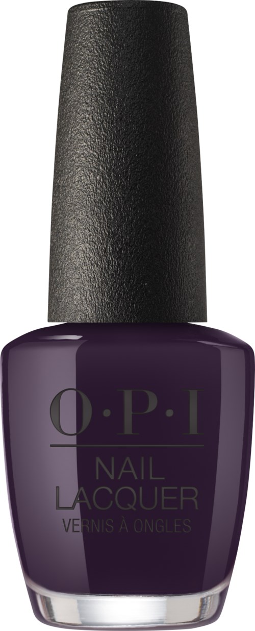 En mörklila nagellacksflaska med svart kork från märket O.P.I.