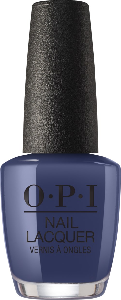 En blå nagellackflaska med svart lock, märkt 'O.P.I Nail Lacquer' och 'Vernis a Ongles.'