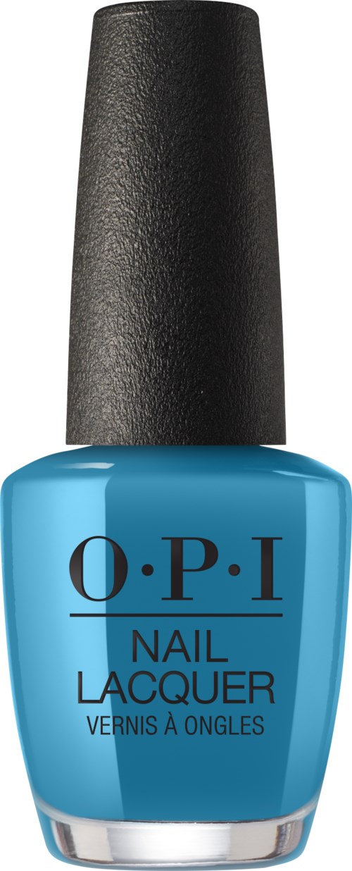 En blå O.P.I nagellackflaska med svart lock.