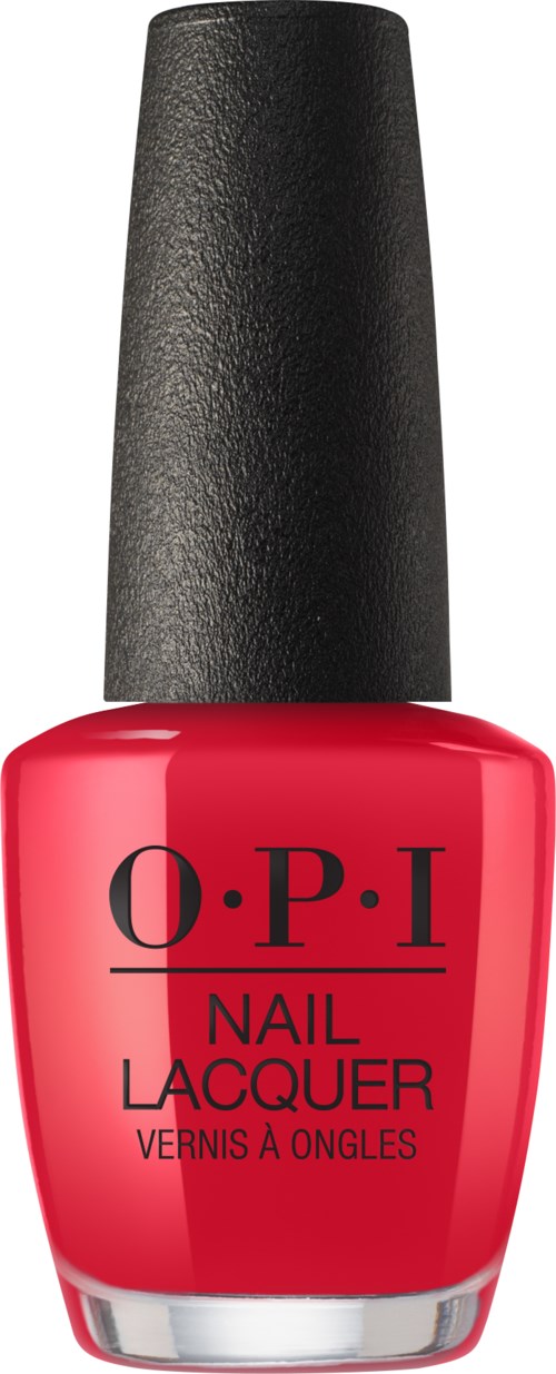 En flaska med ljusrosa nagellack med svart kork och O.P.I-märke.