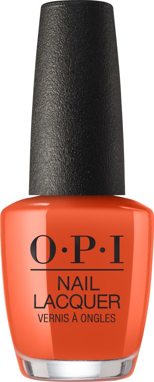 En flaska med O.P.I nagellack i ljus orange färg med svart lock.