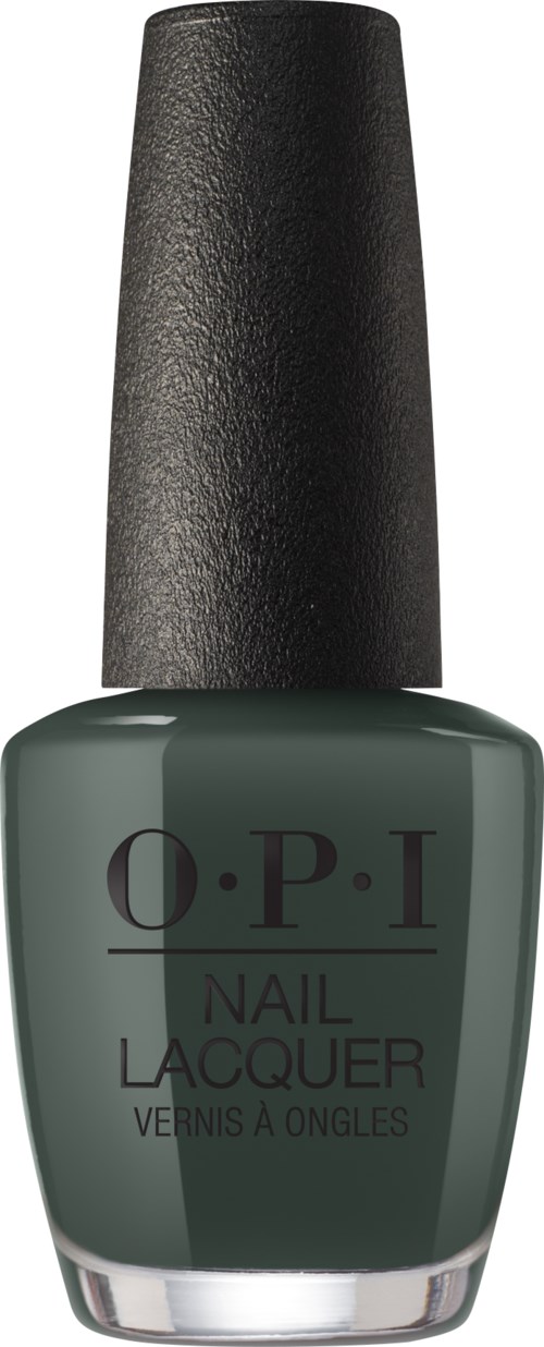 Green nail polish bottle with black cap from O.P.I, labeled 'Nail Lacquer'.
