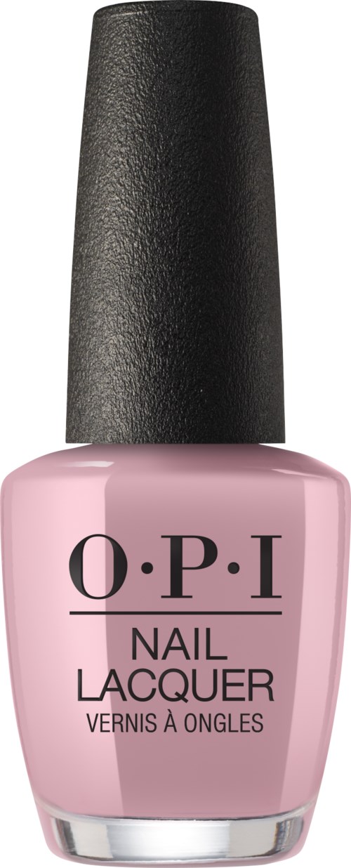 Ljusrosa nagellack i en flaska med svart lock, märkt O.P.I, nagellack.