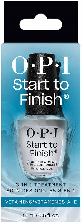 Nail treatment bottle labeled 'Start to Finish' with vitamins A and E, 15ml size, inside blue packaging.