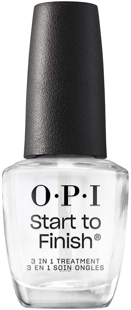 A clear nail polish bottle with a black cap, labeled 'O.P.I Start to Finish', indicating a 3-in-1 treatment.