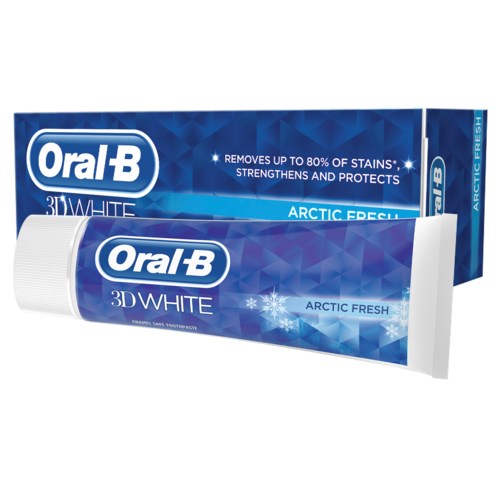 Doos en tube Oral-B 3D White Arctic Fresh tandpasta voor vlekverwijdering en tandbescherming.