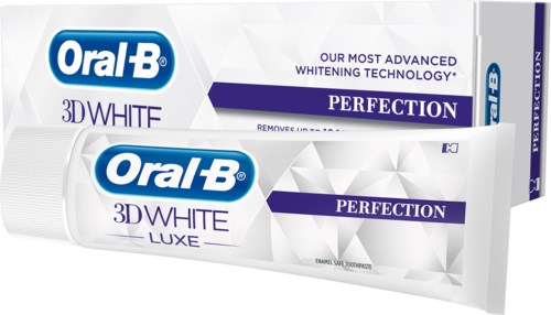 Een tube Oral-B 3D White Luxe tandpasta en een doos 3D White Perfection tandpasta. Blauw en wit verpakt.