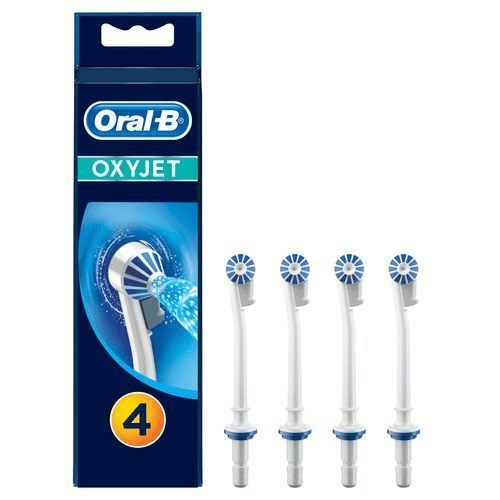 Vier Oral-B OxyJet tandenborstelkoppen in verpakking. Elke kop heeft een ronde borstel met blauwe en witte onderdelen.