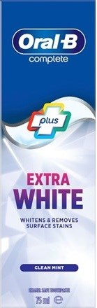 Oral-B logo met blauwe achtergrond; product genaamd 'Complete Plus Extra White'; bevordert witheid en vlekverwijdering; bevat 75ml.