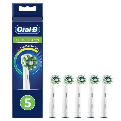 Kotelo, jossa on viisi Oral-B Cross Action -hammasharjan päätä, ulkona, sinisessä ja vihreässä pakkauksessa.