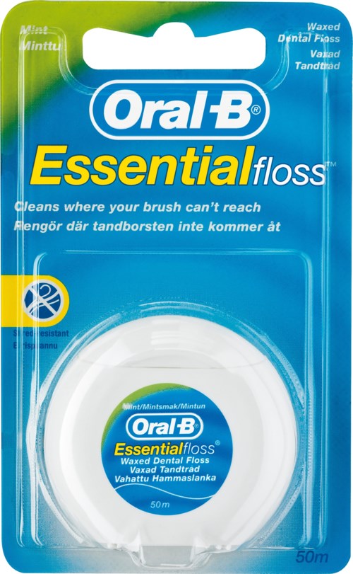 Verpackung von Zahnseide in einer blauen und grünen Plastikdose mit Marken- und Produktinformationen.