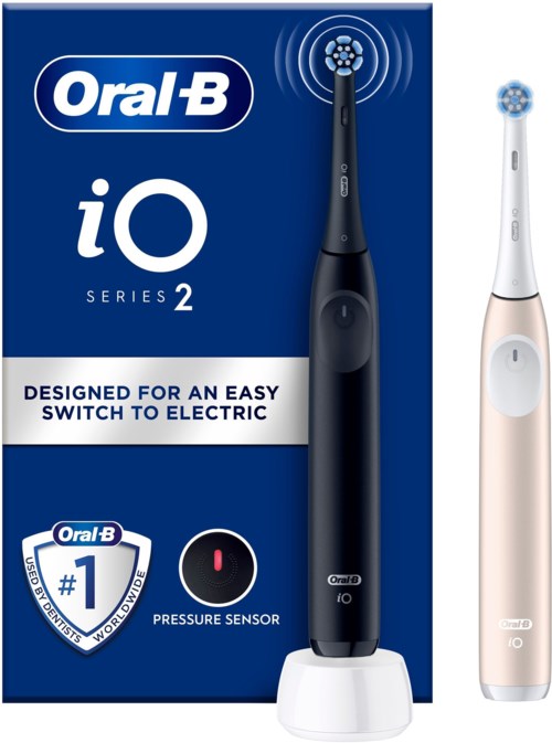 A box shows an Oral-B iO Series 2 electric toothbrush, with one black and one white toothbrush both with blue brushes.