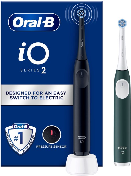 Ovale blauwe doos met witte tekst, toont een elektrische tandenborstel met druksensor en een andere tandenborstel ernaast.