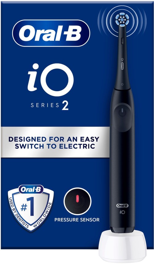 Packaging of an Oral-B iO Series 2 electric toothbrush with pressure sensor and easy switch feature.