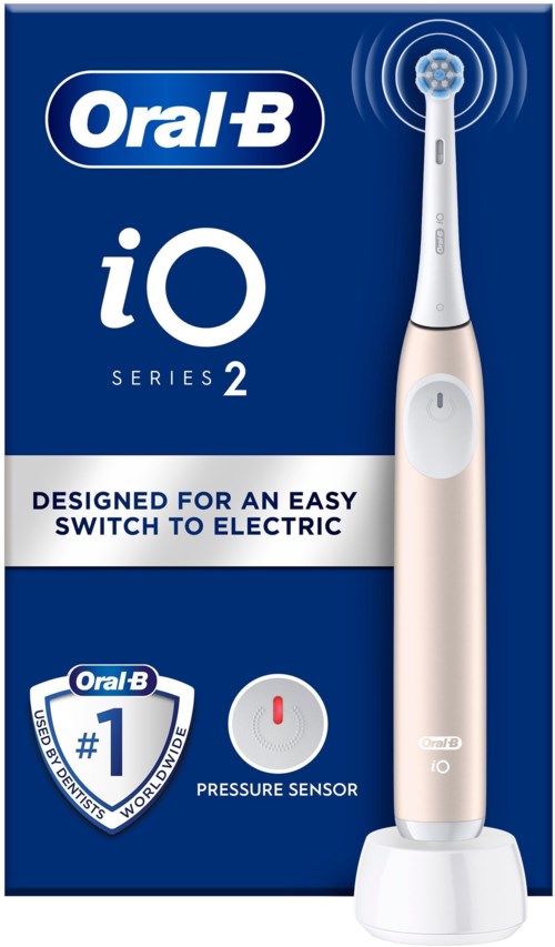 Förpackning för en elektrisk tandborste från Oral B, serie 2. Den har en trycksensor och förenklar byte till elborstning.