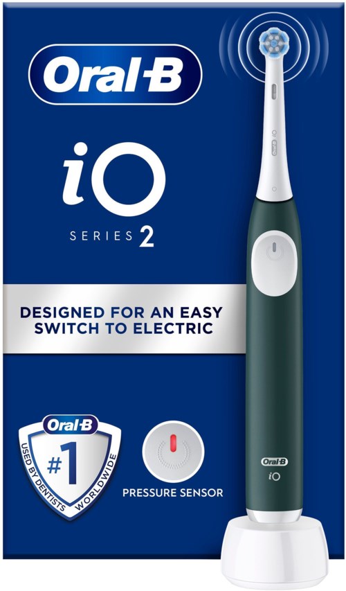 Oral-B iO Series 2 elektrische tandenborstel, wit en groen, met druksensor. Doos toont productinformatie en branding.