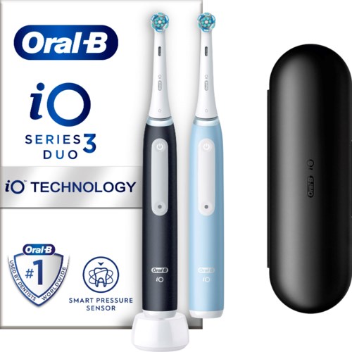 Two electric toothbrushes with cases, one black and one blue, are shown next to a white box with text.
