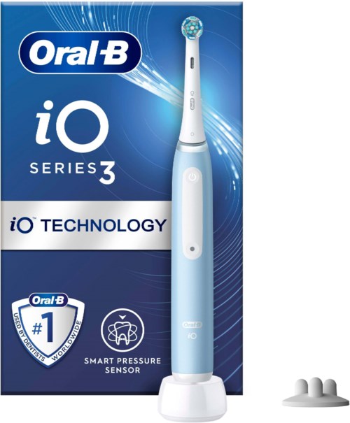 Packaging of an Oral-B iO Series 3 electric toothbrush with a blue and white design, brand logo, and a small brush head.