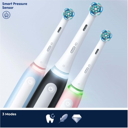 Electric toothbrushes with different colored bases, featuring a digital display, three cleaning modes, and smart pressure sensors.