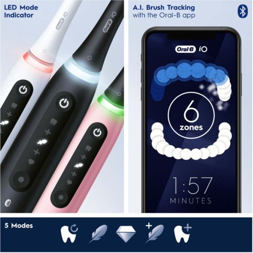 Elektrische Zahnbürsten in verschiedenen Farben mit LED-Anzeigen, App für Putzmodi und Zonen, bis zu fünf Modi.